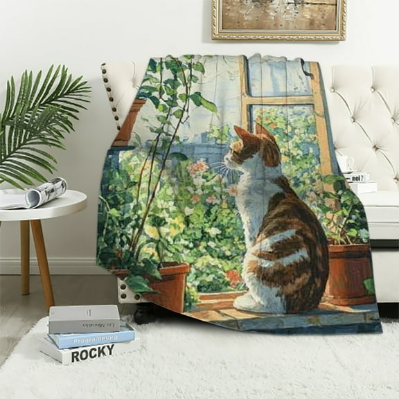 Autua Calico Cat and House Plants Blanket, Cute Cat Flannel Throw Blankets,Soft Warm Lightweight Cozy Animal Kitten Plush Throws for Bedroom Sofa Office Home Decor Gifts for Women Girls 40x50in