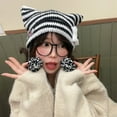 thumbnail image 3 of Mosey Japanese Style Cat Ear Beanie Hat Star Striped Print Knitting Hat Autumn Winter Plush Ball Pendant Warm Hat, 3 of 7