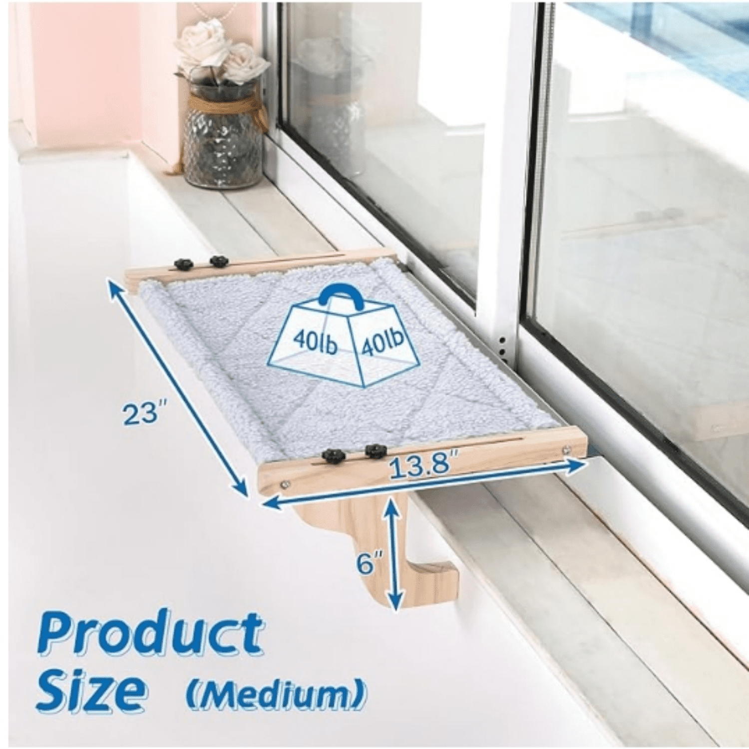 2PC Easy Seat Cat Perch for Window Sill - Hammock Design w/Pine Wood & Robust Metal Frame - Cat Window Seat for Large Cats and Kittens (  Color Wood w/Gray Bed, Medium (23''W x 14''D))