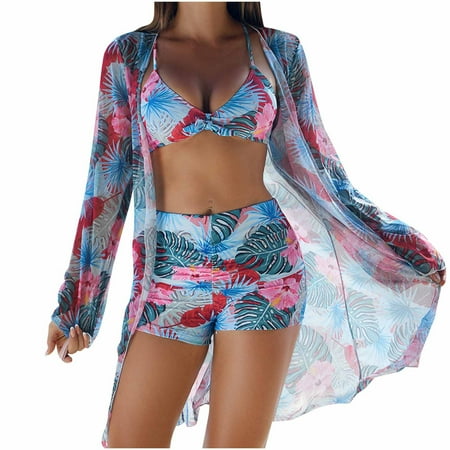 WREESH Women s 3-Piece Tropical Bikini Set   Boho Kimono Beach Cover-Up with Boy Shorts & High-Waist Swim Bottoms Watermelon Red