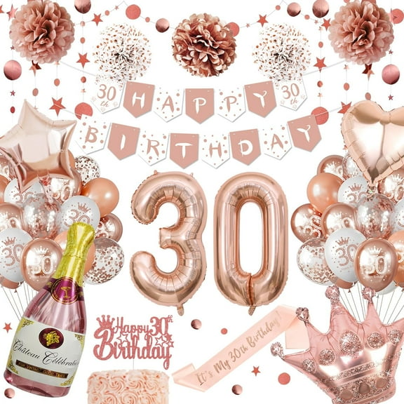 30th Birthday Decorations for Women, Rose Gold Party Decorations, Unique Glitter Circle Dot Hanging, Rose Gold Balloons, Paper Pom Poms, Birthday Banner, Number 30 Balloons