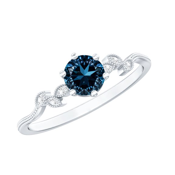 Rosec Jewels London Blue Topaz Promise Ring with Diamond, Beaded Leaf Ring - AAA Quality, 925 Sterling Silver, US 4.00