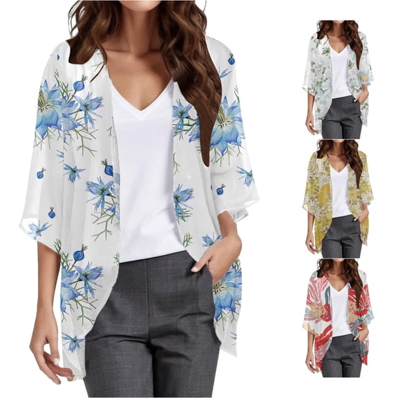 HCYSFG Womens Tropical Floral Kimono Cardigan Open Front Elbow Sleeve Lightweight Sheer Loose Fit Beach Cover Up Summer Layering Tops