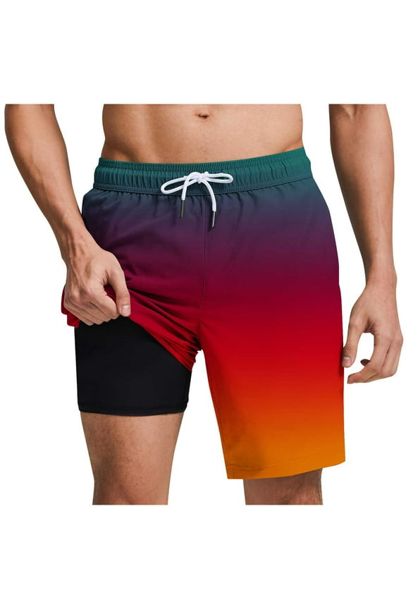 Men Swim Trunks 2-in-1 Style with Lined Casual Gradient Print Beach Shorts with Pockets Elastic Waist Tie Drawstring Quick Dry Swimming Bathing Suit