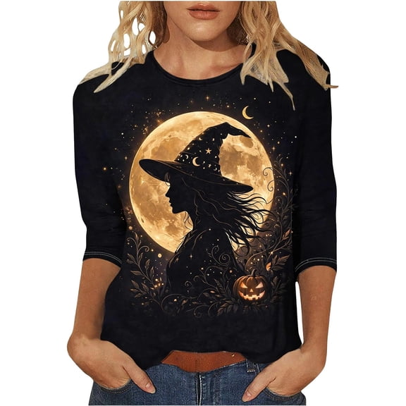 MVRLSH Womens Tops Blouse Casual Halloween Witch Pumpkin Graphic Printed Comfortable Long Sleeve Daily Wear Tees Loose Fit Blouses Sky Blue - L