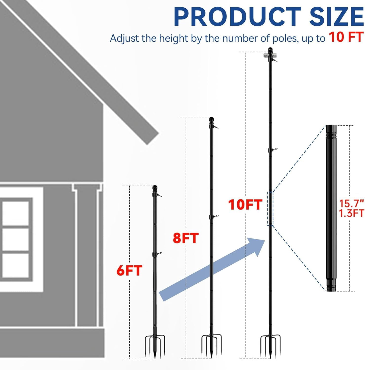 10 Ft Thickened Stainless Steel Flag Pole for Outside House with 5 Prong Base for Garden and Yard, Heavy Duty Flag Pole, Extra Thick Flag Pole Kit