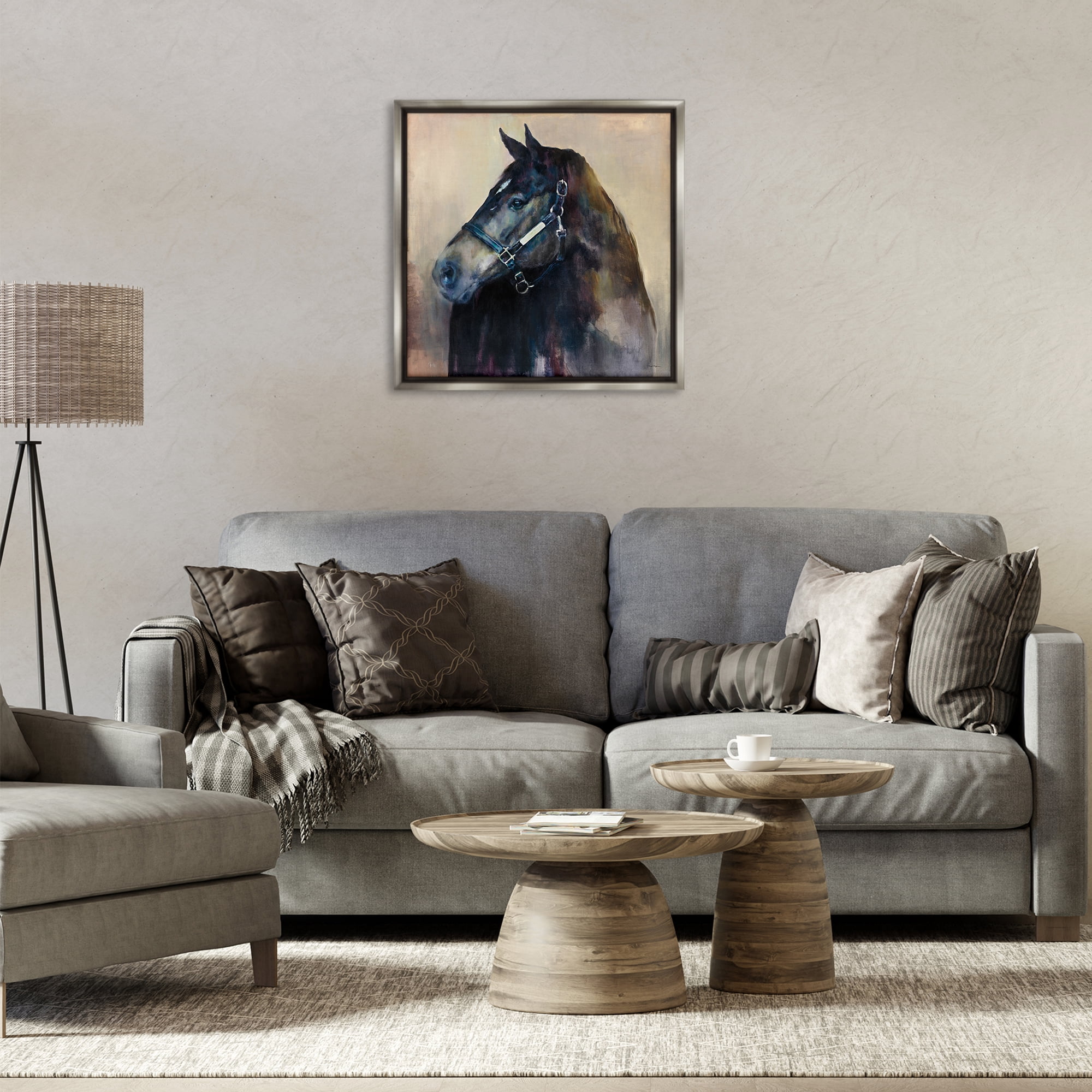 Stupell Industries Ritzy Black Horse Animals Painting Gray Floater Framed Canvas Art Print Wall Art, 25 x 25