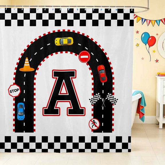 Erosebridal Alphabet Letter Shower Curtain 72Wx72L, Race Car Bathroom Curtain, Black A