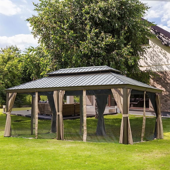 12'x20' Hardtop Gazebo, Outdoor Aluminum Frame Canopy with Galvanized Steel Double Roof, Outdoor Permanent Metal Pavilion with Curtains and Netting for Patio, Backyard and Lawn (Brown) 00004