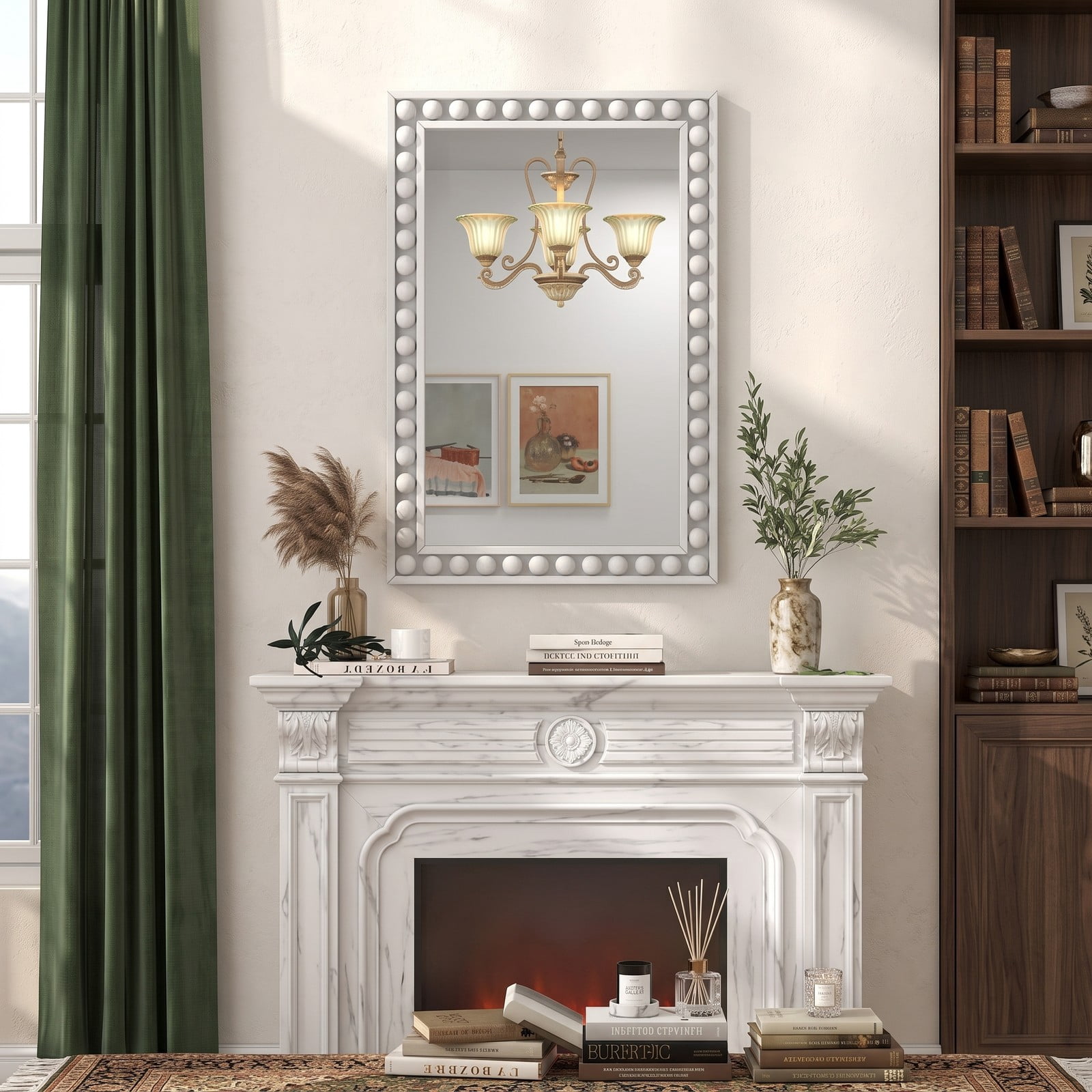 ALPULON 24 x 36 Inch Rustic Wall Mirror with Solid Wood Beaded Frame, Rectangle Vanity Mirror for Living Room Bedroom Bathroom Entryway Wall Decor, White