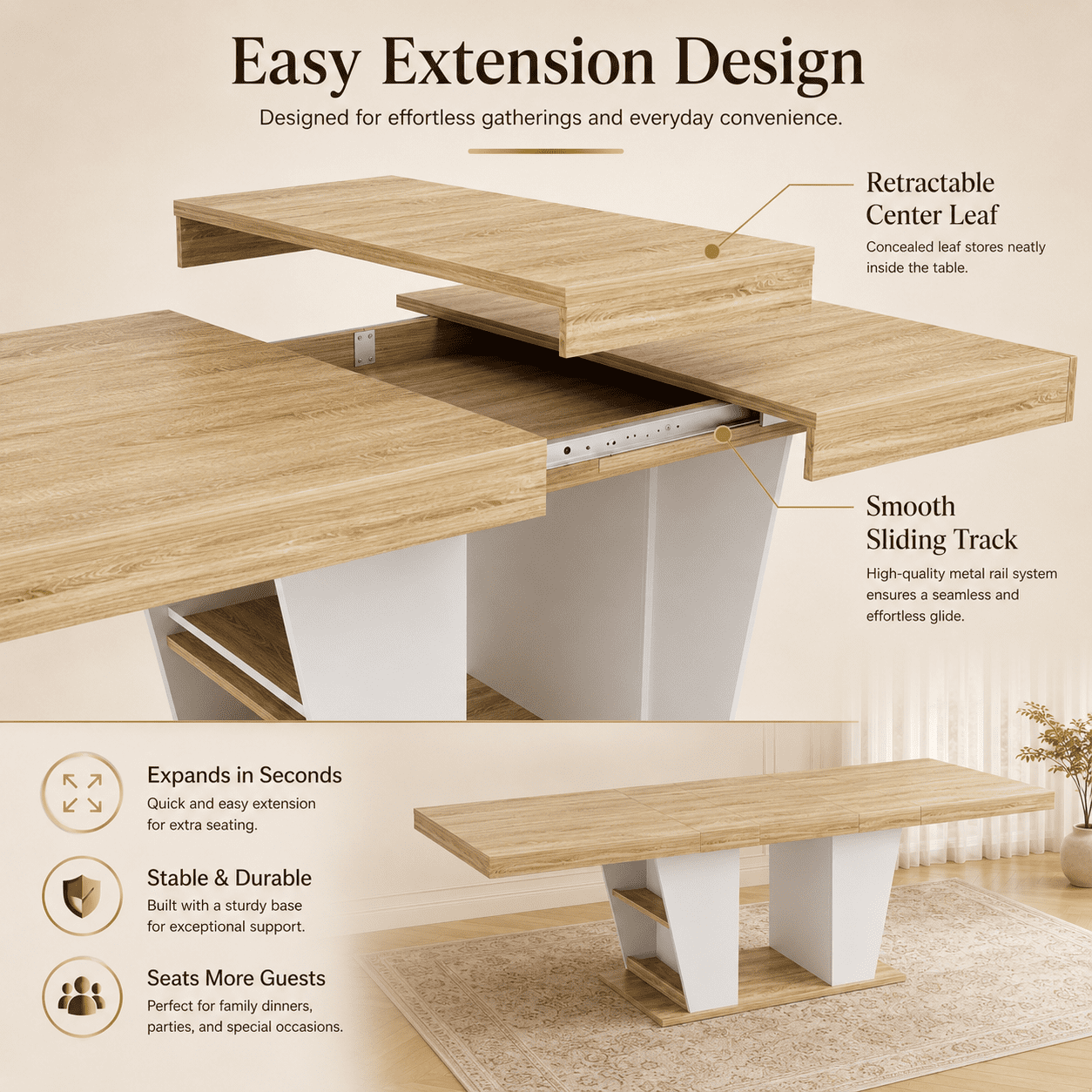 Aukfa 63"-78.7" Extendable Dining Table for 8-10 with Storage, Natural/White