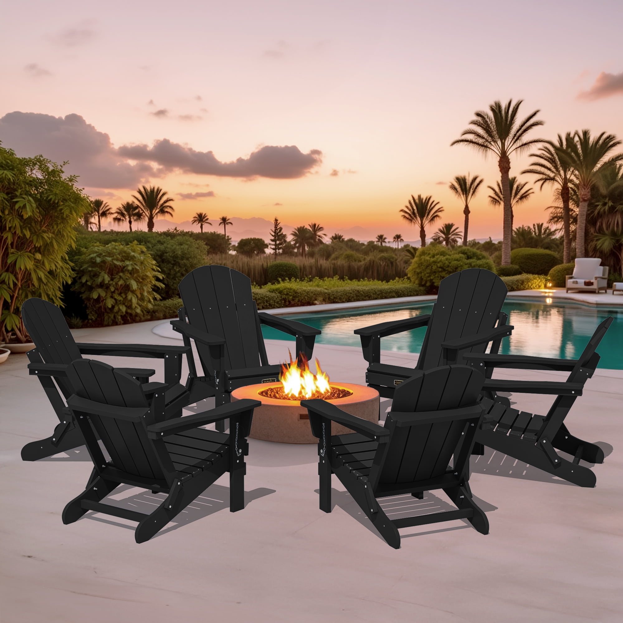 SERWALL Foldable Adirondack Chair Set of 4, Oversized All-Weather Outdoor Patio Chairs, HIPS Plastic Adirondack Chair for Garden Fire Pit - Black