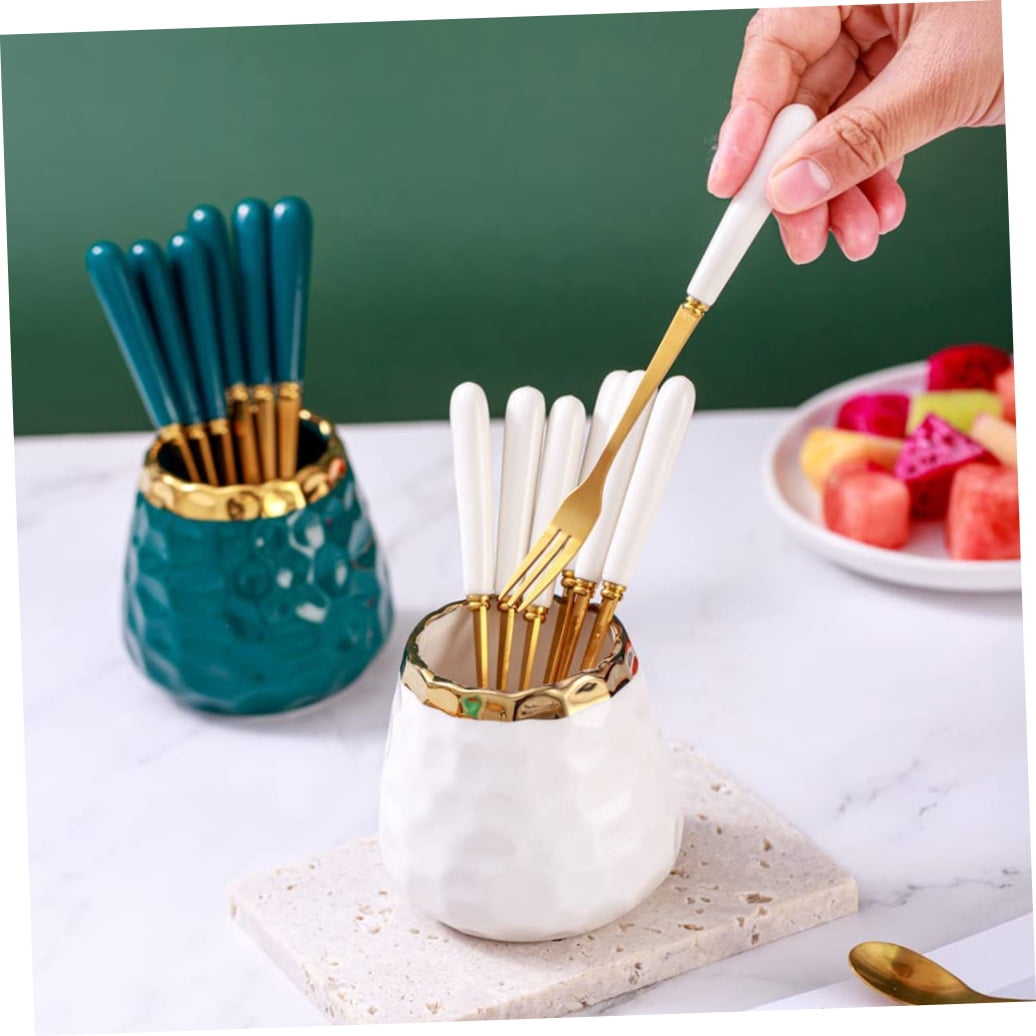 Soimiss White Ceramic and Stainless Steel Storage Jar for Kitchen Essentials, Forks and Spoons
