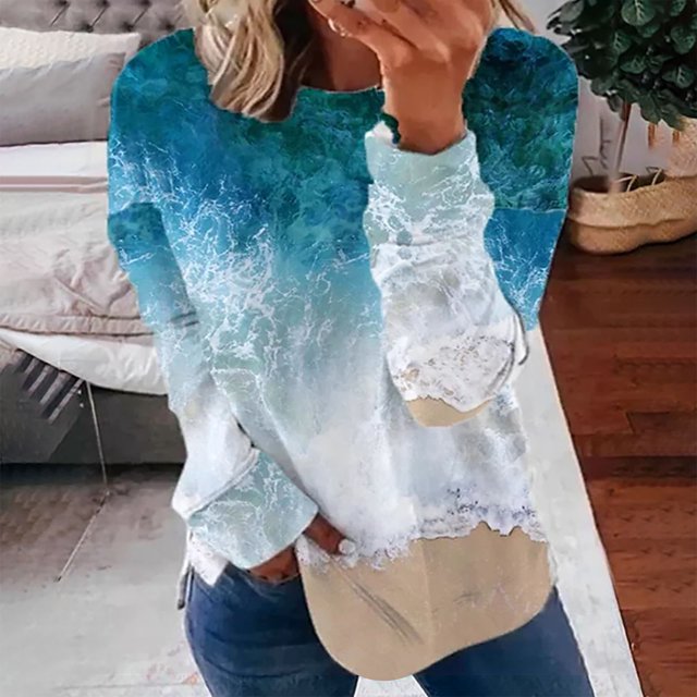 Puntoco Mujer Impreso Cuello Redondo Manga Larga Top Jersey Suelto Suéter Manga Larga Cuello Redondo Top/Camisa Puntoco Puntoco-845