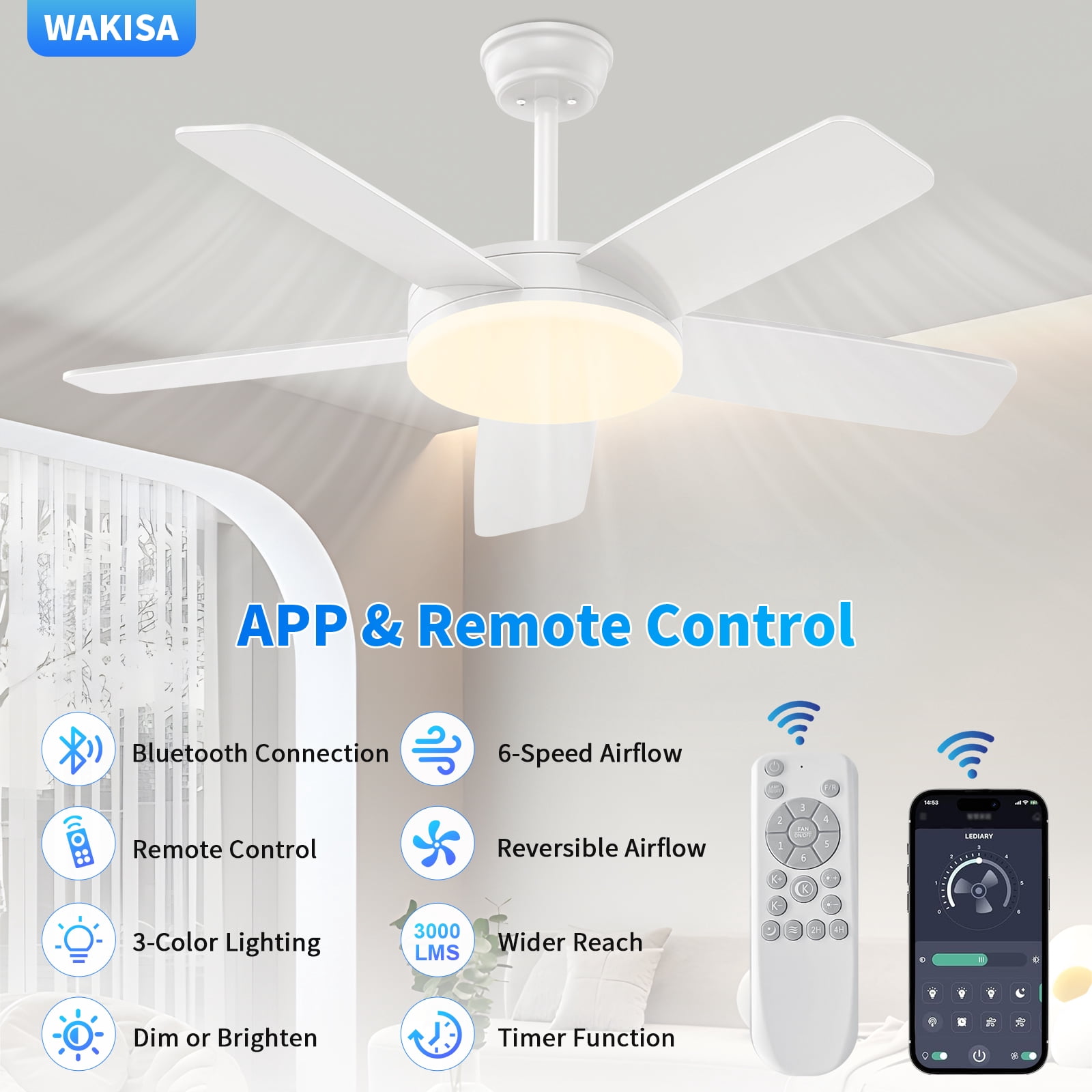 Kaqinu Ceiling Fans with Lights and Remote & App Control,45 inch Modern Ceiling Fans,6 Speeds 3 Colors for Indoor White