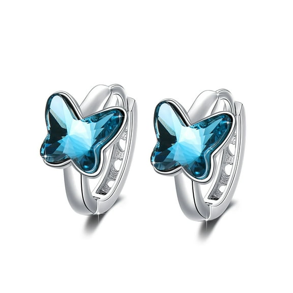 Cuoka Butterfly Hoop Earrings 925 Sterling Silver Blue Crystal Huggie Earrings for Women Mom Wife Hypoallergenic 18K White Gold Plated Jewelry Birthday Gift for Sensitive Ears