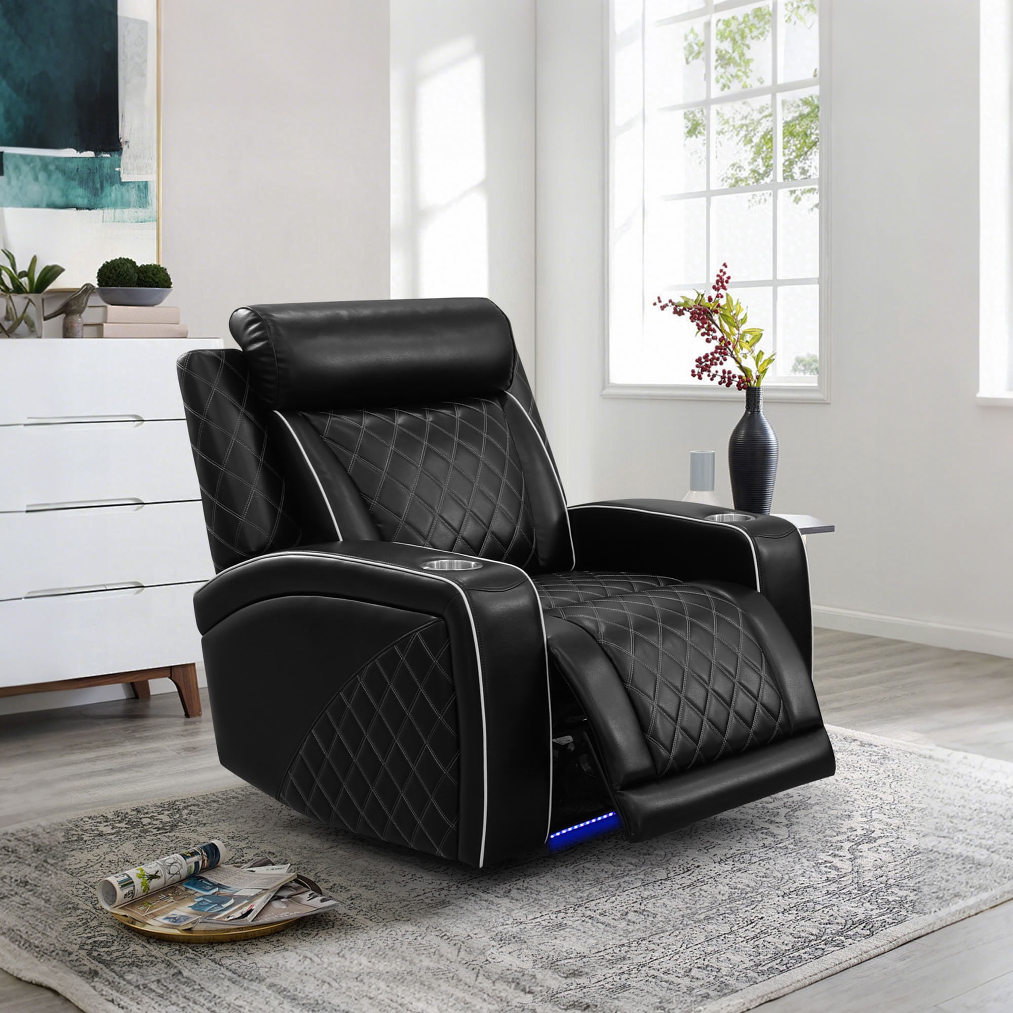 MAYEERTY Single Recliner Chair, Leather Recliner with LED Lights, USB Charger, Cup Holder & Reading Light, for Living Room, Home Theater