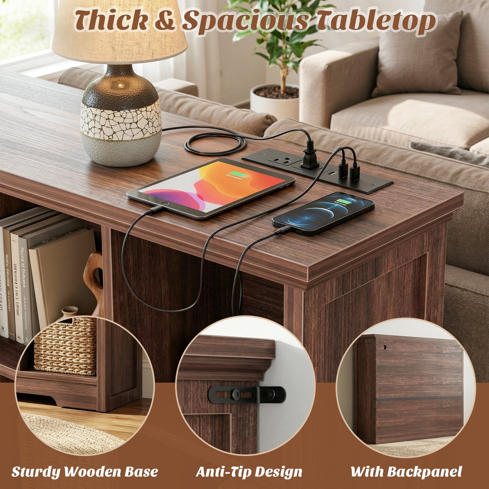 Homieasy 9 Cube Storage Organizer with Charging Station, 41'' Tall Wooden Cube Bookcase for Living Room, Bedroom, Walnut