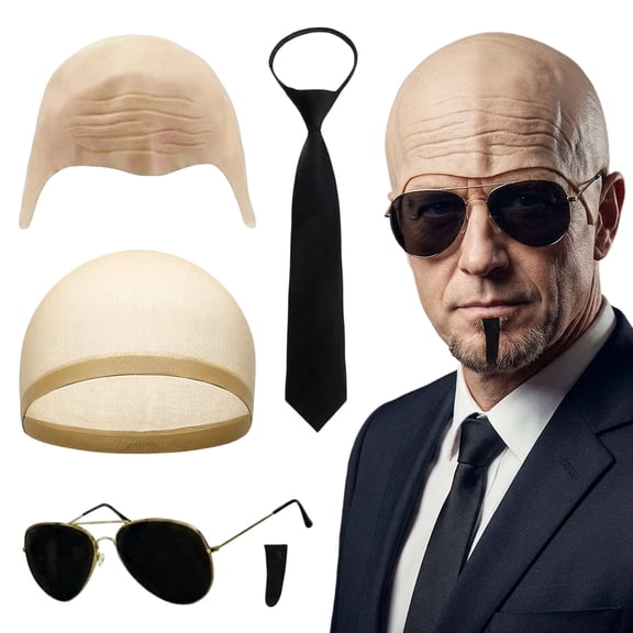 Alaiyaky 5 Pcs Halloween Bald Cap with Glasses and Mustache Bald Head Wig Cap Party Costume Accessories for Men Women Adults Cosplay Party