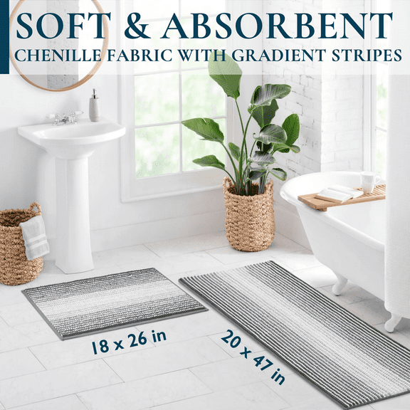 ComfiTime Bathroom Rug Set, 18" x 26" & 20" x 47", 1500GSM Slip-Resistant Chenille Bath Mat for Tub, Bathroom Floor, Machine Washable, Ultra Absorbent, Small or Long, Black, Gray, Blue, Green & Brown