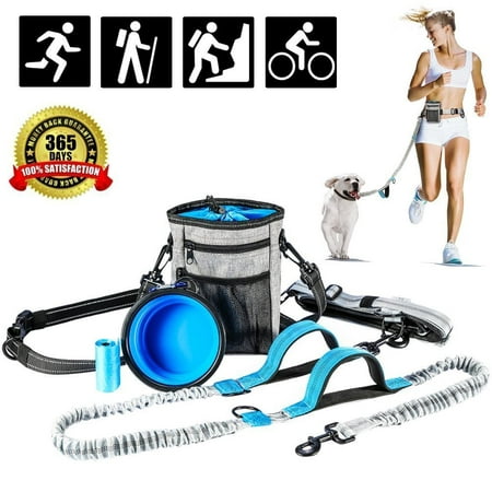 EECOO Hands Free Dog Leash with Training Treat Pouch,Dual Handle Waist Belt Collapsible Water Bowl Poop Bag Holder for Running Walking Hiking,Reflective Shock Bungee Endure Up to 150 (Best Leash For Hiking With Dog)