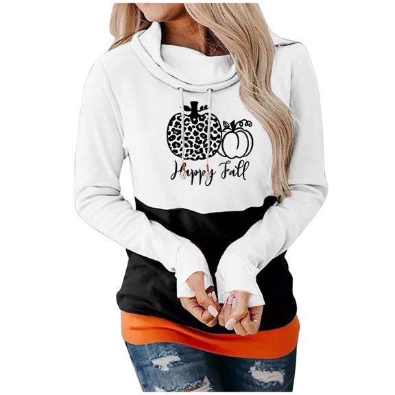 Women's Hoodies Print Cowl Neck Drawstring Sweatshirt with Thumb Holes Shirt Long Sleeve Hooded Pullover Tops (X-Large, White 01)