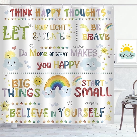 Kids Inspirational Quotes Shower Curtain Rainbow Positive Words Educational Girls Bathroom Curtain Waterproof Polyester Fabric Bath Curtain 72 x 72 Inch with 12 Plastic Hooks