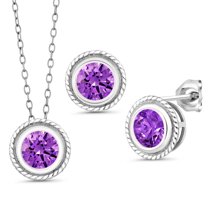 Gem Stone King 925 Sterling Silver Purple Zirconia Pendant Earrings Set for Women (4.50 Cttw, Gemstone Birthstone, Round 6MM, With 18 inch Chain)