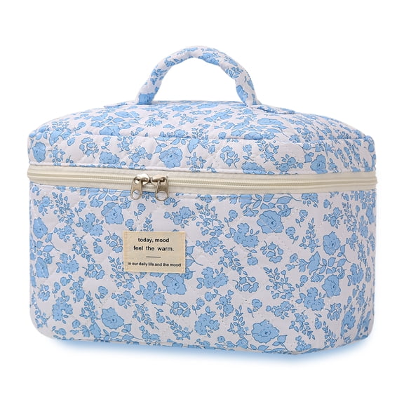 Large Travel Quilted Makeup Bag for Women Girls,Soft Floral Cosmetic Bag, Cute Coquette Aesthetic Flowers Fabric Toiletry Organizer Bag Blue Flower