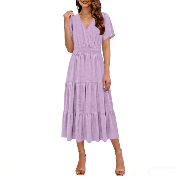 Vivianyo HD Women's Wrap V-Neck Tiered Midi Dress, Short Ruffle Sleeve Solid Elastic Waist Loose Casual Summer Dresses for Women Vacation, Women's Purple, Sizes S-2XL