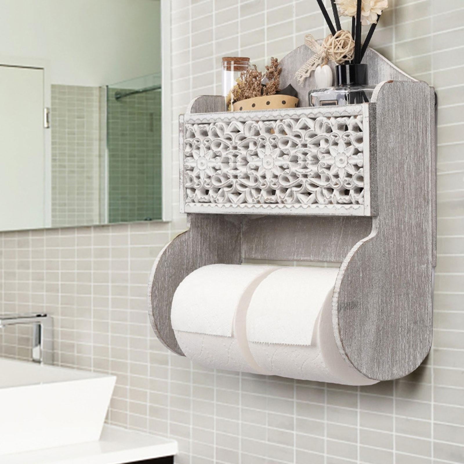 Fiocias Paper Towel Roll Holder with Top Storage Shelf Wooden Wall Mount Farmhouse Style