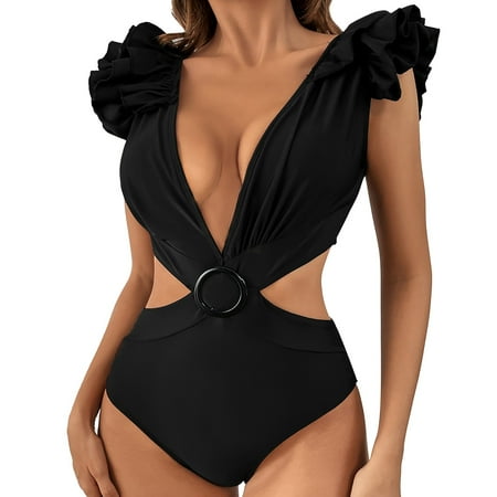 IDALL One Piece Swimsuit Women Swim Suits for Women 2025 Ladies High Waist V Neck Backless Strap Swimsuit Bathing Suit High Waisted Bikini Sets Black S