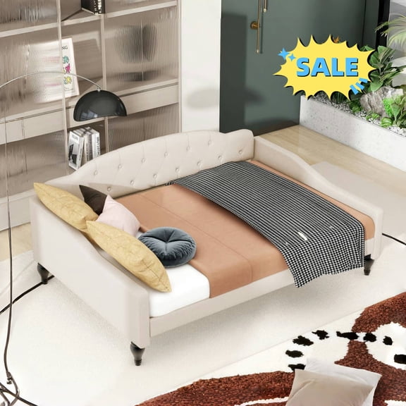 Tcbosik Full Size Upholstered Daybed, Linen Fabric Sofa Bed, Bed Frame for Small Space, Living Room, Guest Room, Wood Slats Support, Beige
