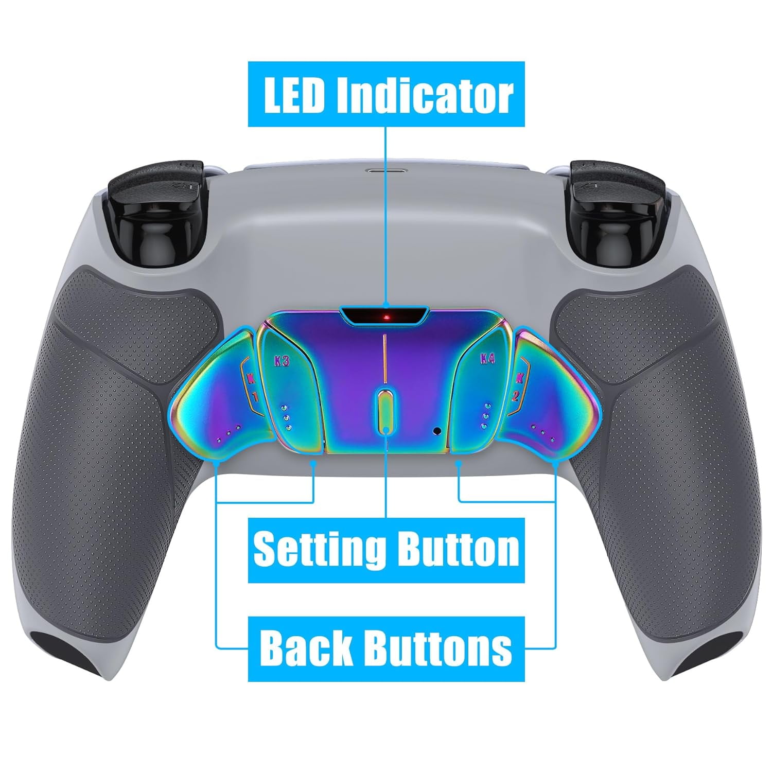 eXtremeRate Rainbow Aura Blue Purple Programmable Real Metal Buttons (RMB) RISE4 Remap Kit for PS5 Controller BDM 010 BDM 020, Upgrade Board & Chameleon Back Shell & 4 Back Buttons for PS5 Controller