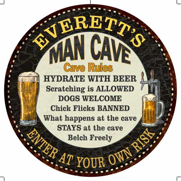 EVERETT'S Man Cave Rules 12" Round Metal Sign Garage Wall Decor 200120010398
