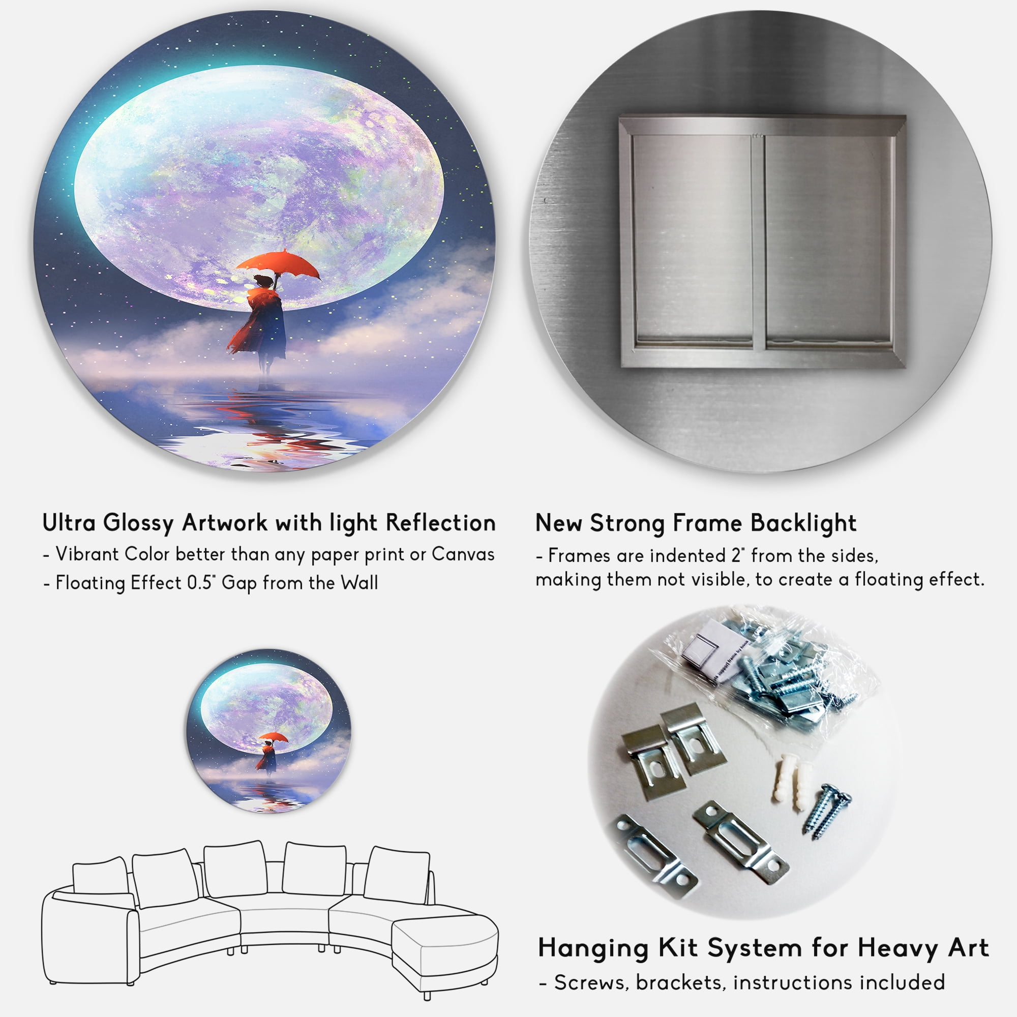 Designart 'Girl With Umbrella Standing On Water Against Moon' Traditional Circle Metal Wall Art 11x11 - Disc of 11