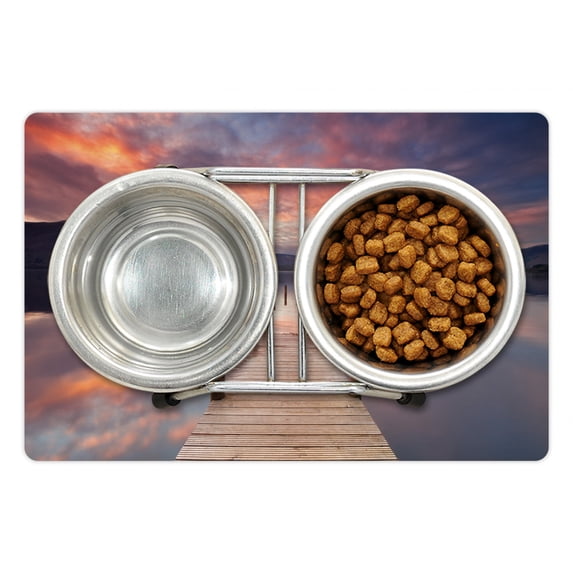 Landscape Pet Mat for Food and Water, Flooded Jetty in Derwent Water Lake District England Sunset Morning Photo, Non-Slip Rubber Mat for Dogs and Cats, 18" X 12", by Ambesonne