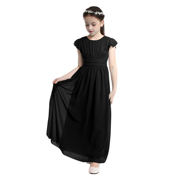 Ocealan Robe de Demoiselle d'Honneur Junior pour Fille, Fille aux Fleurs, Chiffon Plissé, Manches Courtes, Robe Maxi de Concours et de Fête, Noir, 10