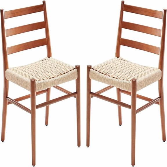 Resenkos Dining Chairs Set of 2, Woven Rope Seat & Sturdy Metal Frame, Mid Century Modern for Kitchen Dining, Beige Walnut