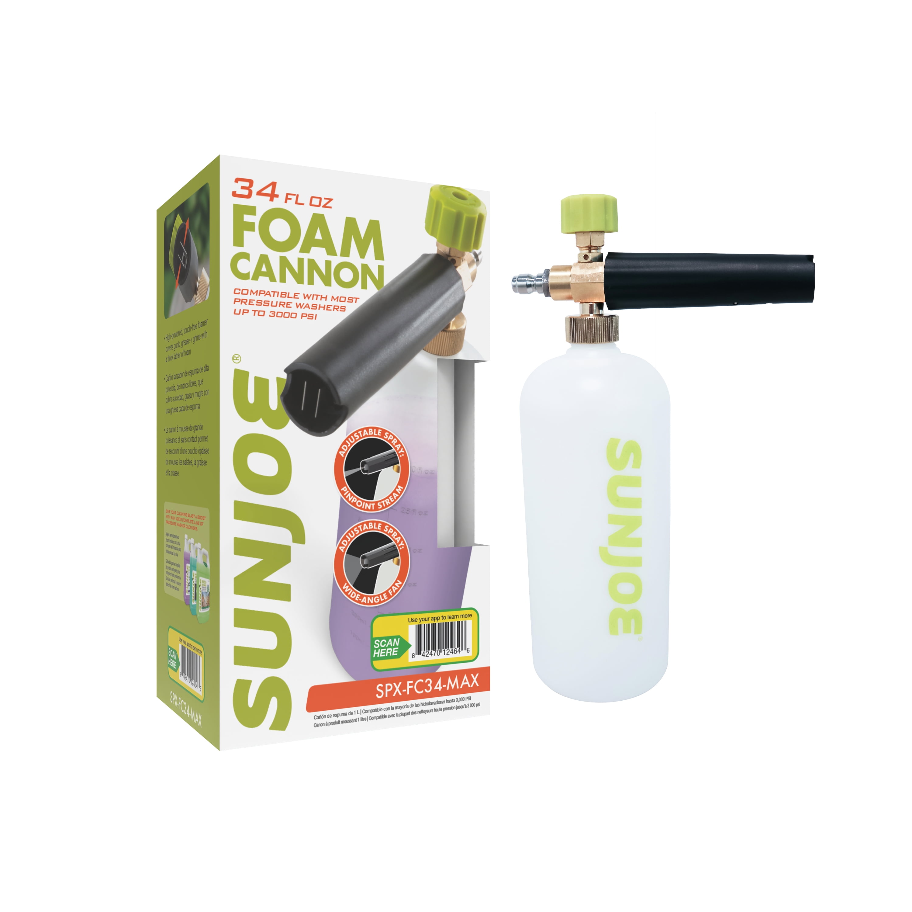 Sun Joe Foam Cannon for Electric Pressure Washers, 34 Oz., 1/4" Quick Connector, Adjustable Spray Nozzle