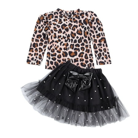 

One opening Girl Leopard Clothes Set Toddler Kids Child Suit 2020 Autumn Fall Long Sleeve T-shirt Tutu Bow Skirt Outfits Clothing 2PCs