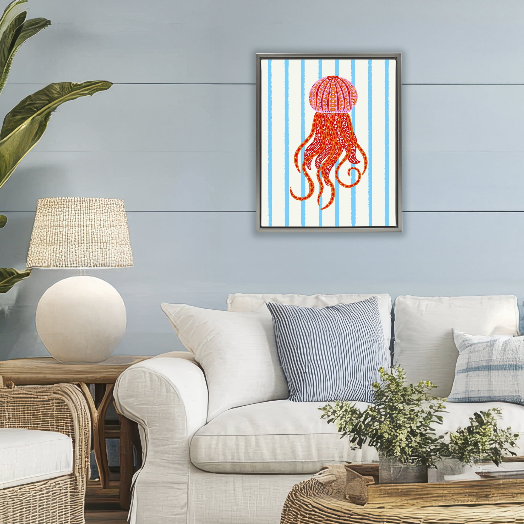 Stupell Industries Bright Aquatic Jellyfish on Stripes Gray Framed Floater Canvas Wall Art, design by Indira Prieto | IndySign