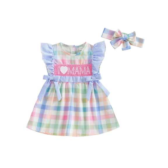 BemeyourBBs Baby Girl Matching Sister Outfits I Love Mama Baby Summer Clothes Mothers Day Outfit Plaid Bow Flying Sleeve Romper Toddler Baby Girl Dress and Headband Set