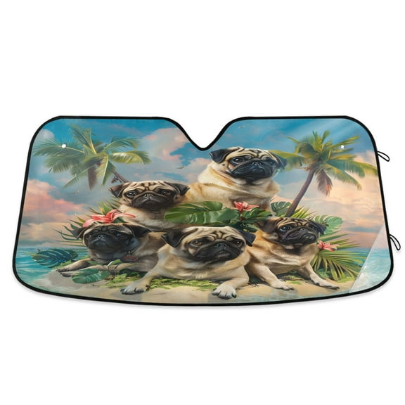 ALAZA Pug Dog on Island Windshield Sun Shade Car Foldable Sun Visor Block UV Rays Protector 55"x27.6"