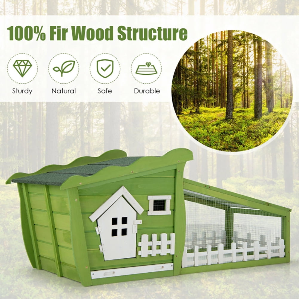 62 Inch Wooden Rabbit Hutch with Pull Out Tray-Green, Rabbit Hutch for Cats, Rabbits, Bunnies, Guinea Pigs