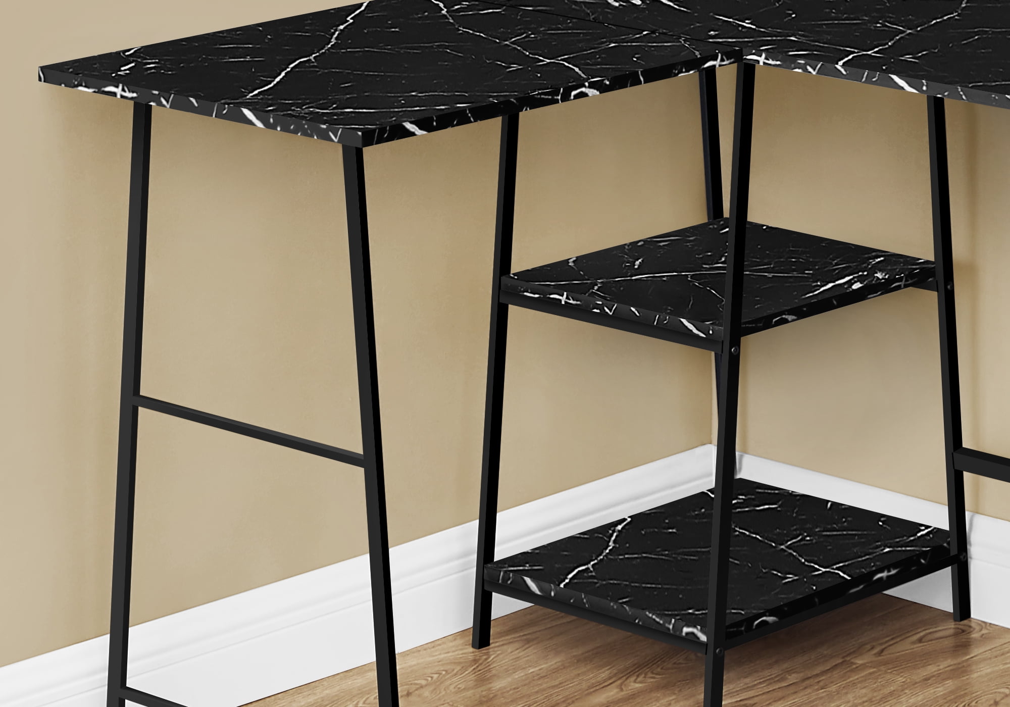 48 Inch Black Marble L Shaped Computer Desk with Industrial Metal Shelves
