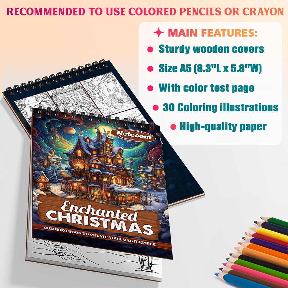 Netecom Enchanted Christmas Coloring Book Spiral Bound for Adults, A5 Wooden Cover, 30 Magical Coloring Pages of Winter Land Scenes for Stress Relief and Relaxation