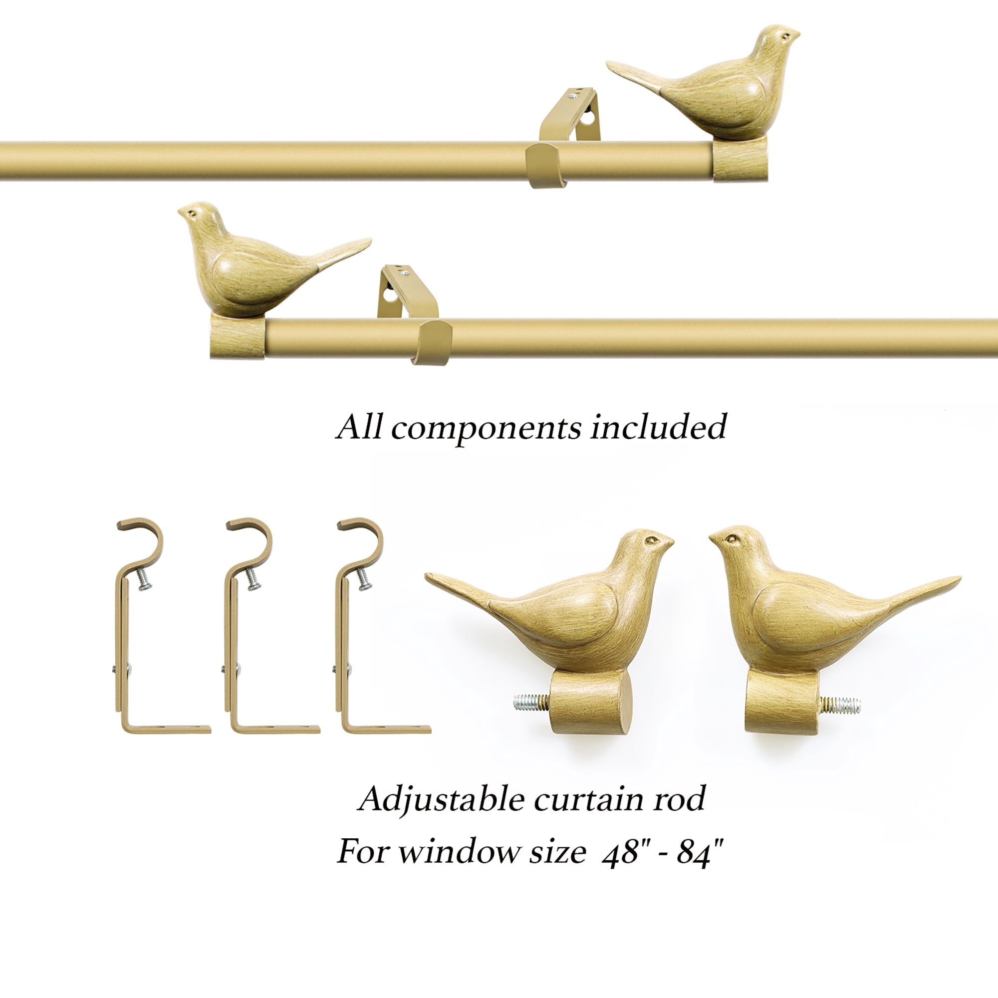 MERIVILLE 3/4" Diameter Farmhouse Single Window Treatment Curtain Rod, Bird Finials, 48"-84", Cottage