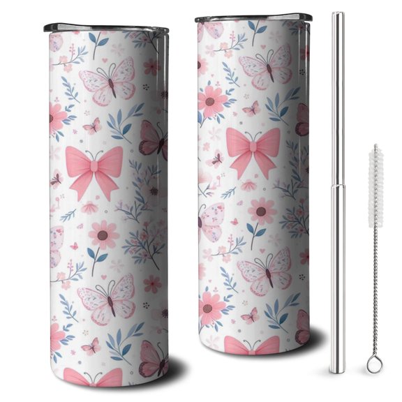 20oz Pink Butterfly Star Floral Peach Pattern Skinny Tumblers Stainless Steel Tumbler with Lid and Straw,Vacuum Insulated Double Wall Travel Tumbler Cups with Cleaning Brush for Coffee,Tea