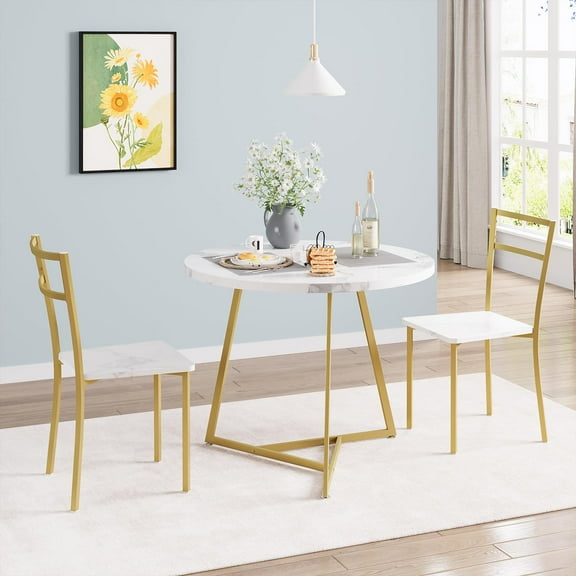 Dining Table Set for 2, Round Kitchen Table and 2 Chairs, Kitchen Table and Chairs with 2 Upholstered Chairs, Metal Frame, 3 Piece Kitchen Table Set for Small Space, Apartment, Studio